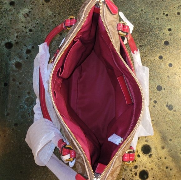 Coach Peyton Signature Convertible Shoulder Bag Tote Handbag F24601 Khaki & Red - Picture 10 of 16